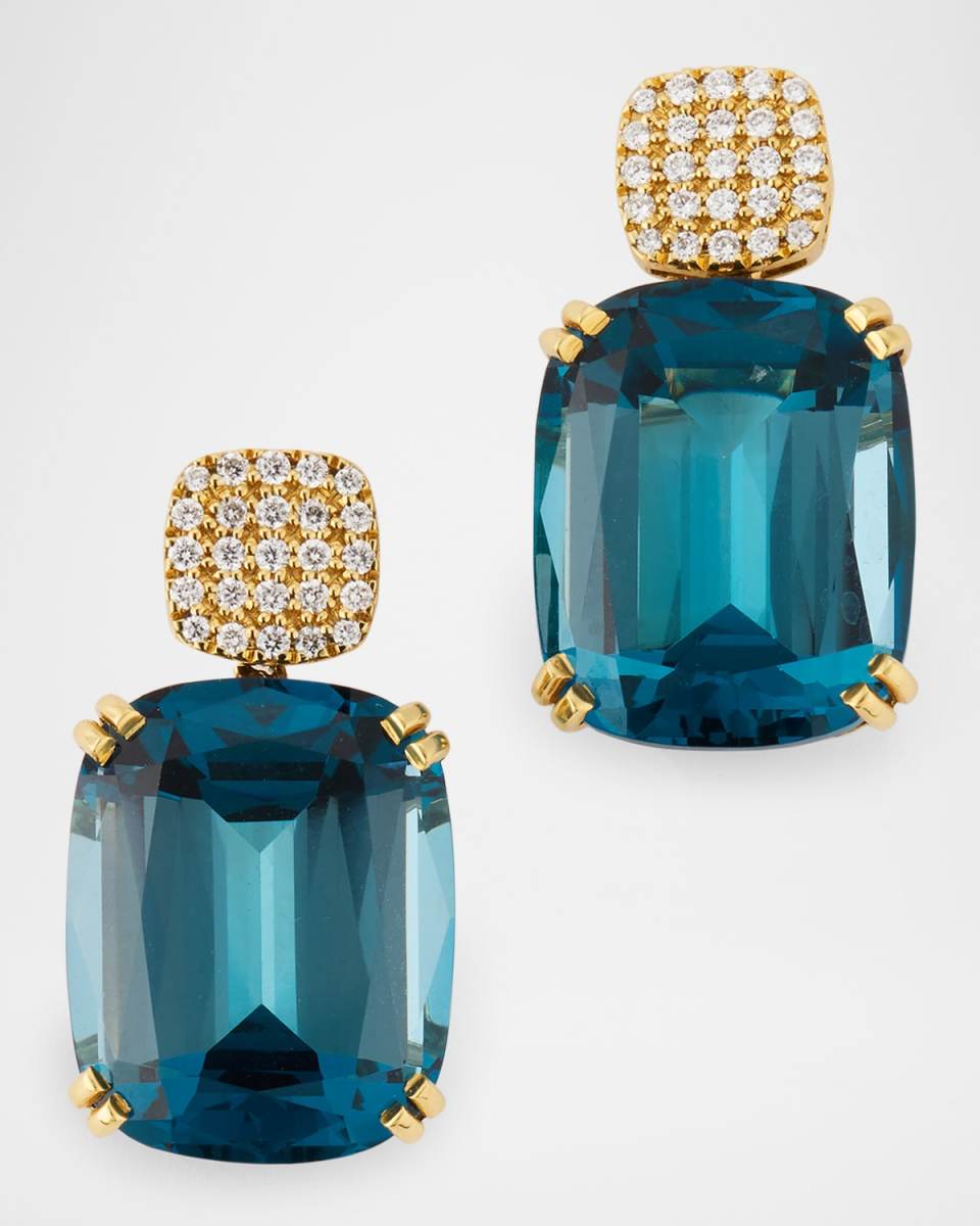 Gossip 18K Yellow Gold London Blue Topaz Cushion Cut Earrings with Pave Diamonds